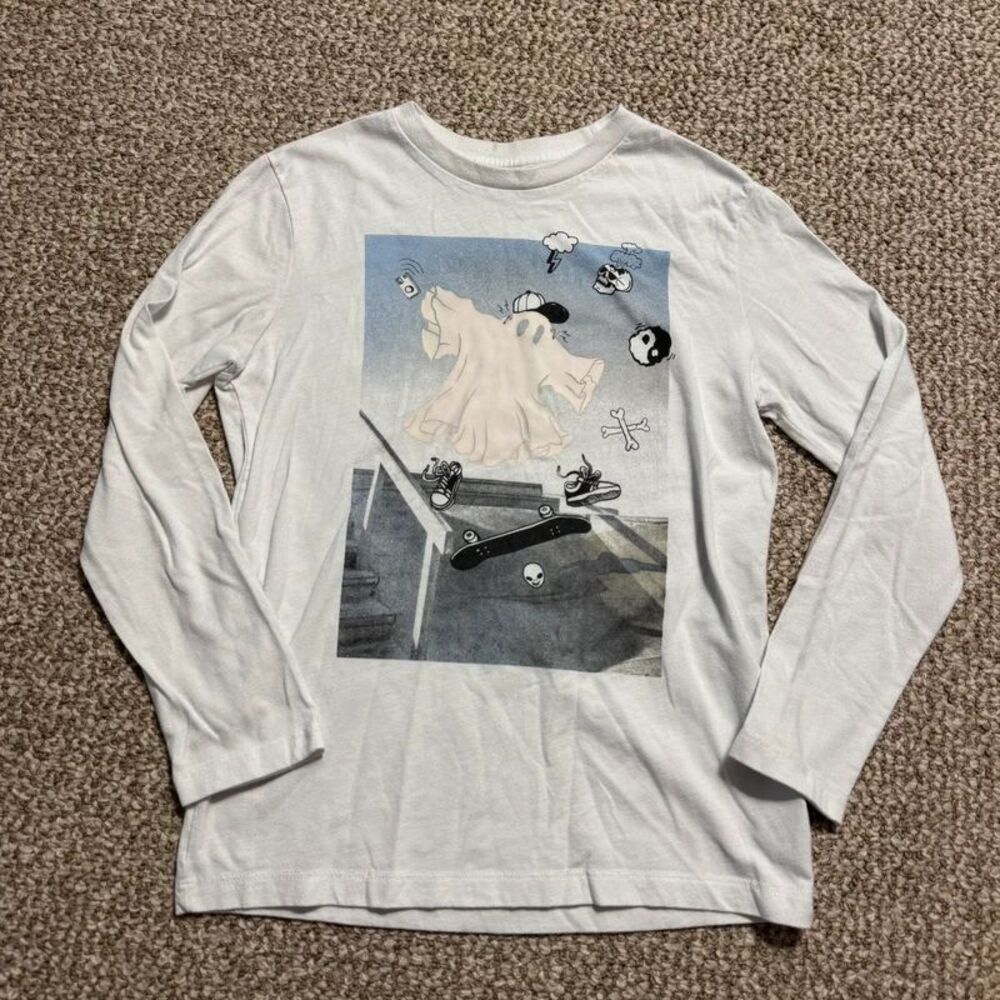 Old Navy Long Sleeve Shirt Boys L 10-12 White Ghost Skateboard Halloween Tee